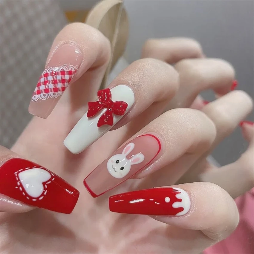 Uñas postizas con lazo coreano, adhesivo de cobertura completa, corto, hecho a mano, acrílico, uñas postizas extraíbles, 24 unidades por juego