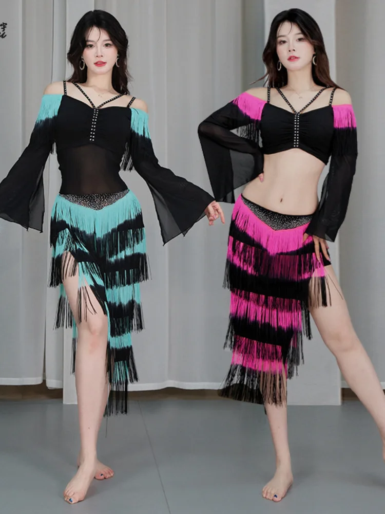 

's New Belly Dynamic Gradient Tassel Oriental Dance Practice Suit Set Stage Performance Costume For Women