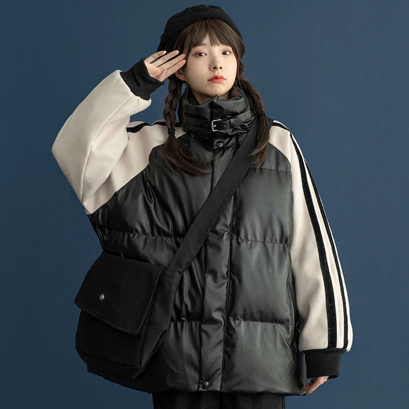 

2023 Winter New Women Stand Collar Jacket Casual Warm Korean Fashion Thick Coat Spliced Cotton Down Parkas