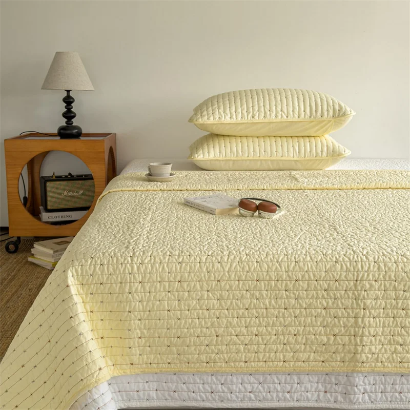 Korean Style Cotton Bedspread Plaid Double-sided Quilt Washed Padded Bed Cover 3pcs Set for All Seasons Embroidery Quilted Sheet