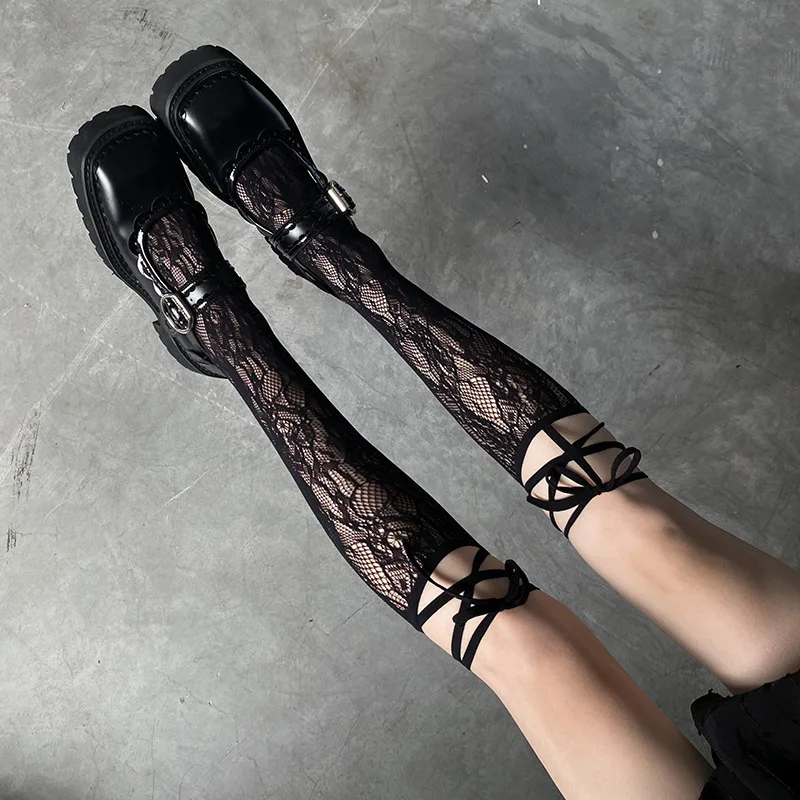 Girls Street Lace Knee Socks with Ties Y2K Women Hollow Split Toe Strappy Fishnet Stockings JK Japanese Lolita Long High Sock