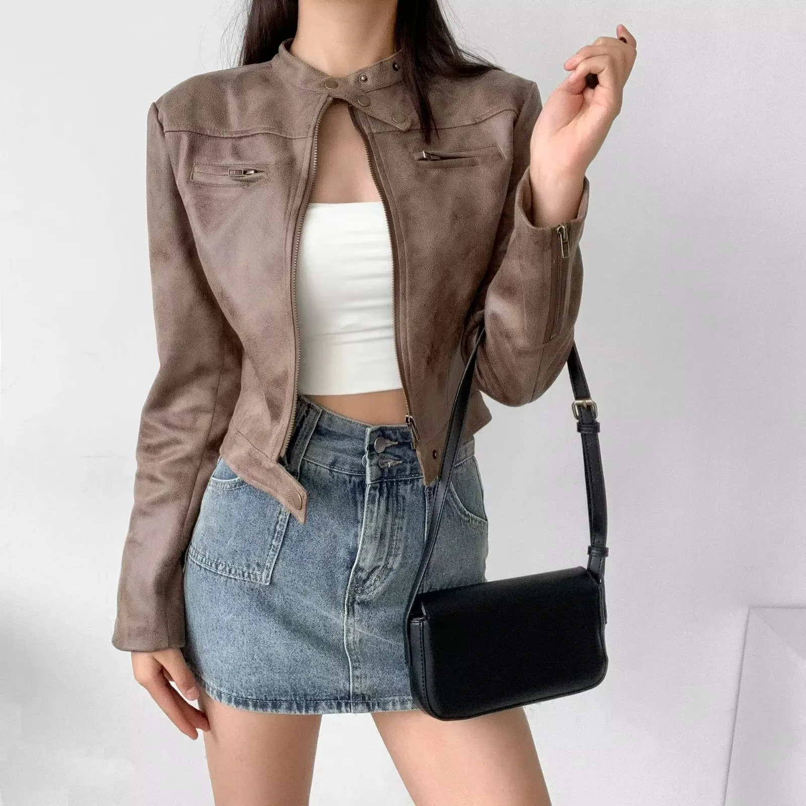 American Retro Women Vintage Bronzing Faux Suede Leather Jacket Long Sleeve Biker Coat Zipper Up Short Outerwear Black Brown