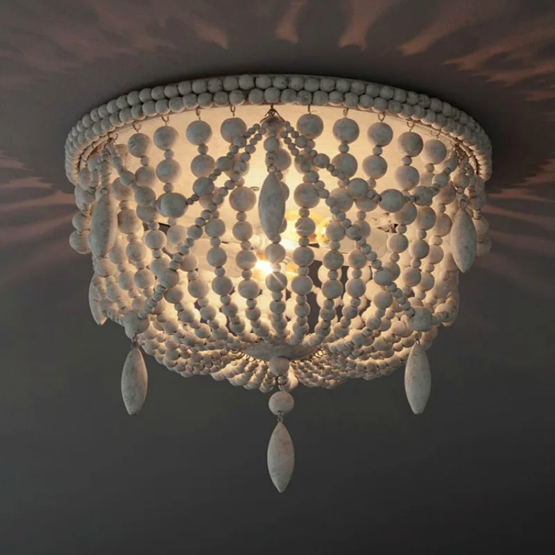 American Country Bohemian Wooden Bead Ceiling Lights For Living Room Home Decor Corridor French Vintage White Wood Pendant Light