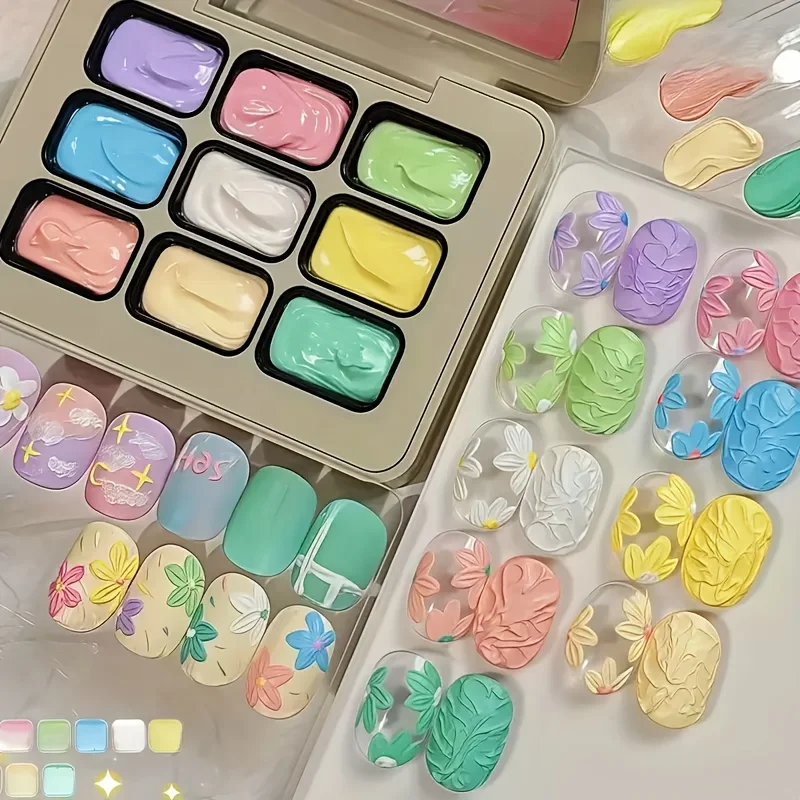 9색, 9칸 네일 폴리쉬 - 마카롱 유화 크림 스타일 - 무광 마감 - 3D 네일 아트 - 번짐 방지 두꺼운 젤 폴리쉬 - Ge