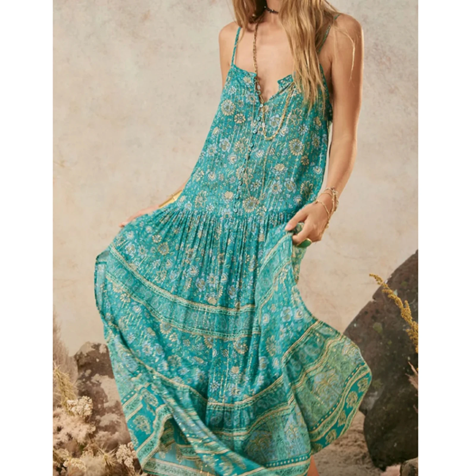 Women Spaghetti Strap Dress Boho Floral Print V-Neck Long Flowy Dress For Beach Vacation Summer Party Daily Wear Streetwear