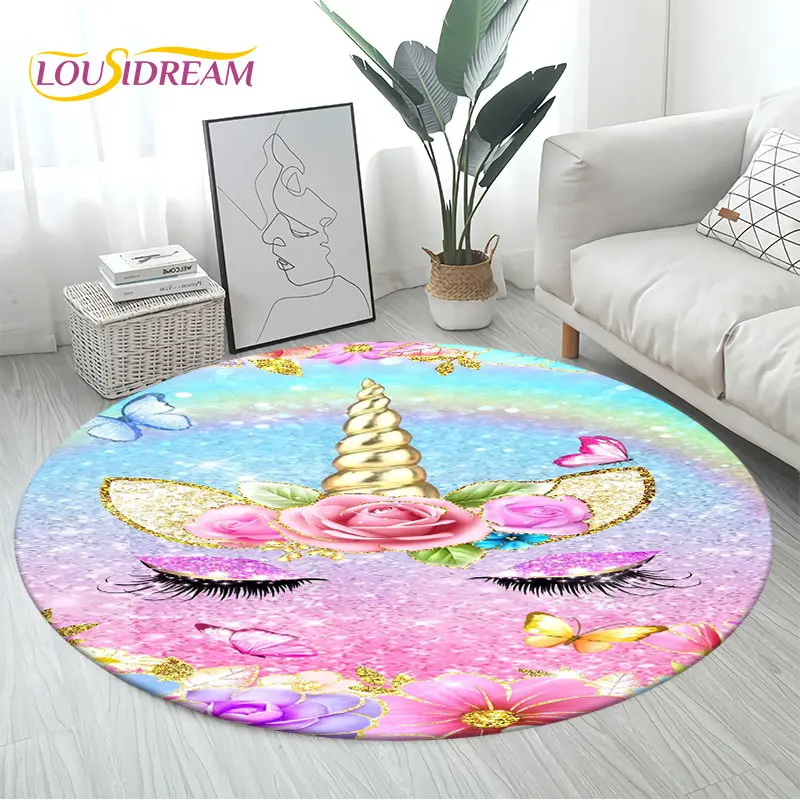 3D Cartoon Cute Unicorn Area Rug Large,Round Carpet Rug for Living Room Bedroom Sofa Decoration,Children Play Non-slip Floor Mat