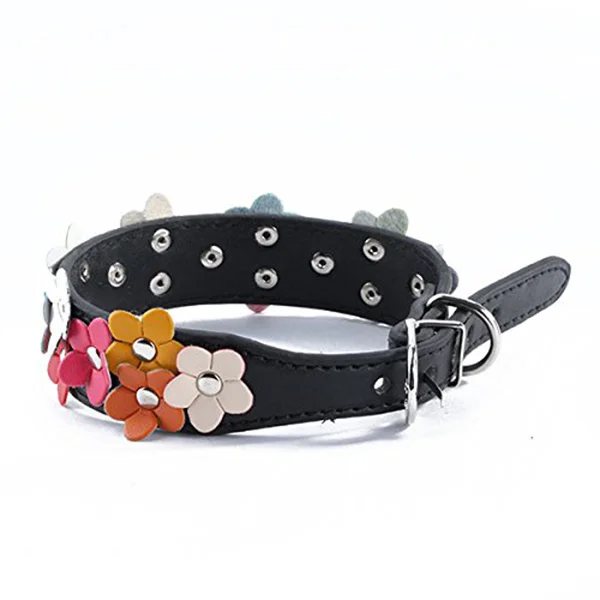 

Stylish Flower-Studded Pet Collar for Dogs Cats Adjustable 30-36Cm Pink PU Safety Collar with Metal Buckle