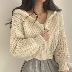 Korean Style Chic Autumn and Winter Hood Crop Sweater Outerwear Women Design Needle Lapel Over Fit Knit Coat Casual Sweaters