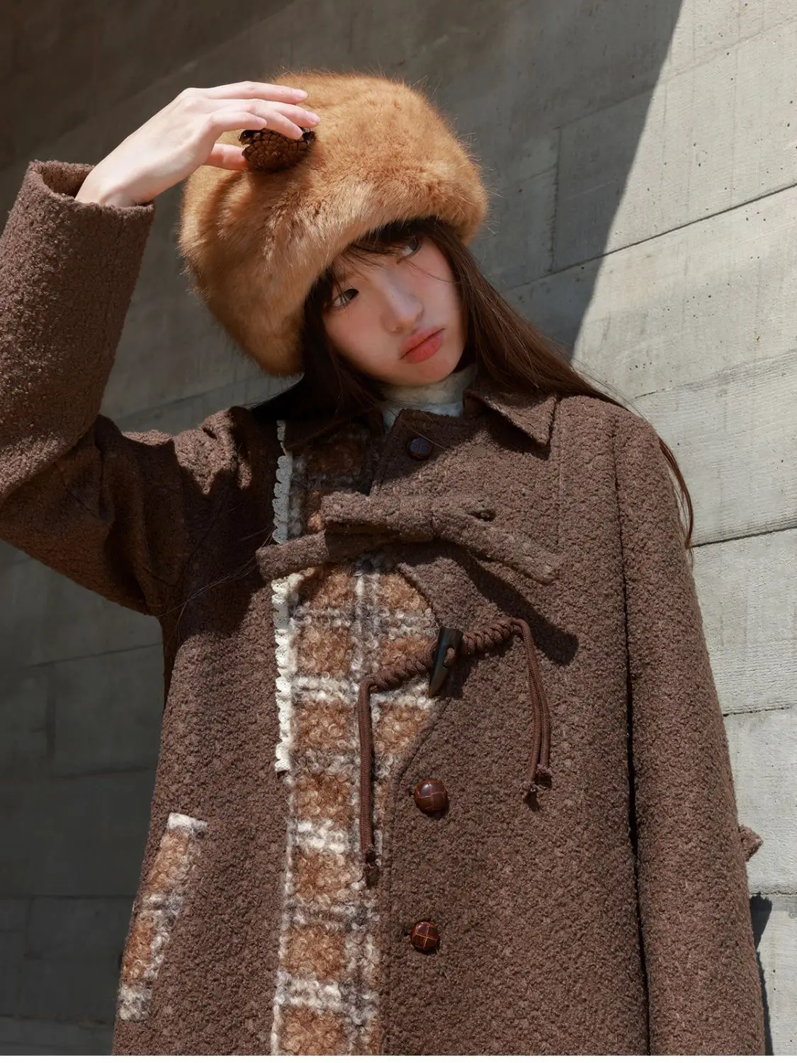 

Korean Woolen Coat Fashion Mid Length Coat Women'S Winter New Spliced Plaid Flip Collar Coat Female Clothing Age Reduction