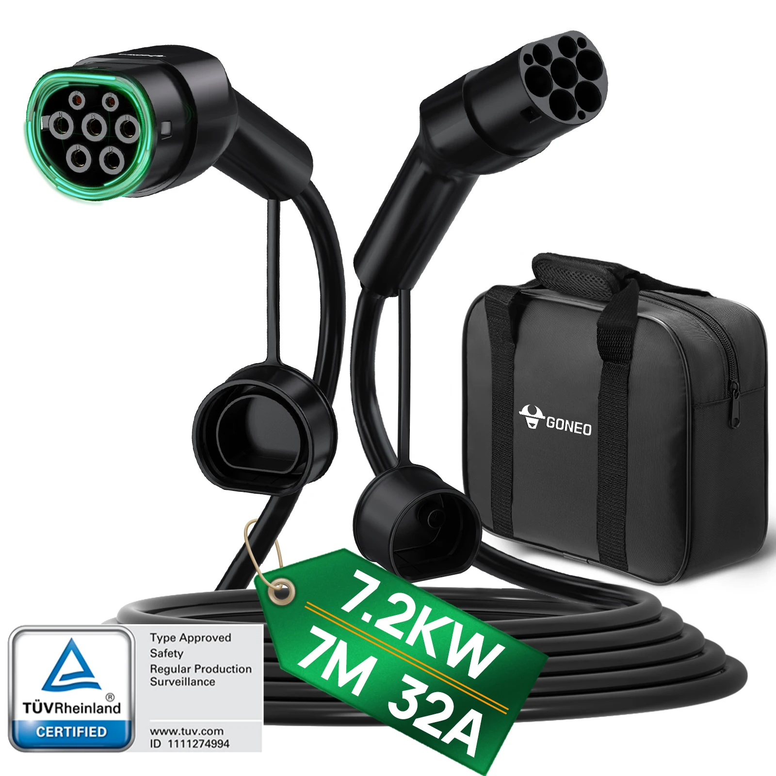 GONEO EV oplaadkabel Type 2,3 fase 22 kW/11 kW/7 kW, IP54 waterdicht, PA66/TPU, 5/7/10 m lengtes voor snel opladen EV/PHEV Model S/3/X/Y