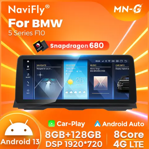 NaviFly 2024 차량용 멀티미디어 플레이어 연결 시스템, SD680, 12.3 인치, 안드로이드 13, BMW 5 시리즈 F10 2011 – 2016 KSW 8G + 128G
