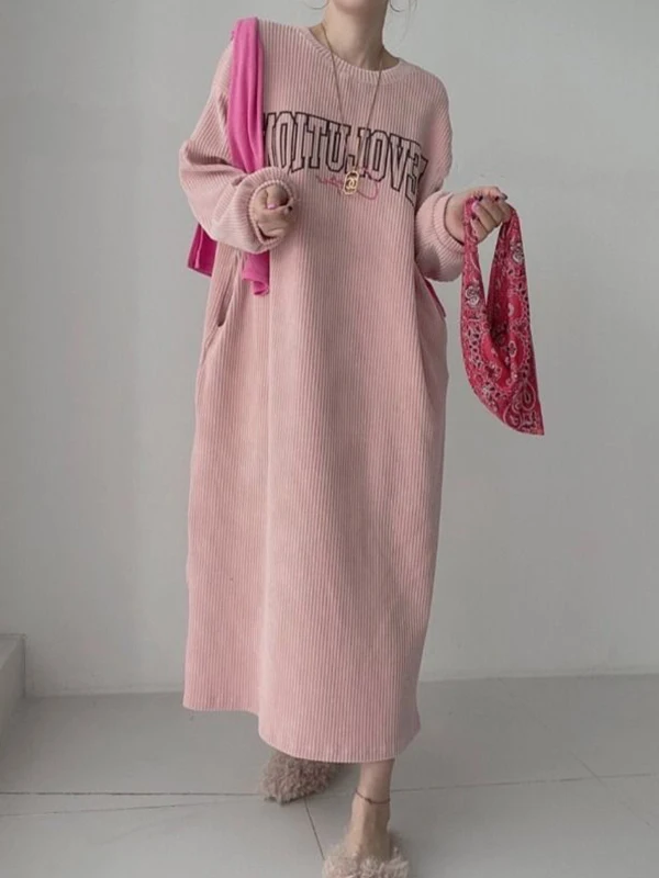 plus Size Women's Velvet Print Sweatshirt Dress Fashionable Loose Korean Style Autumn Winter Long Sleeve round Neck Dress