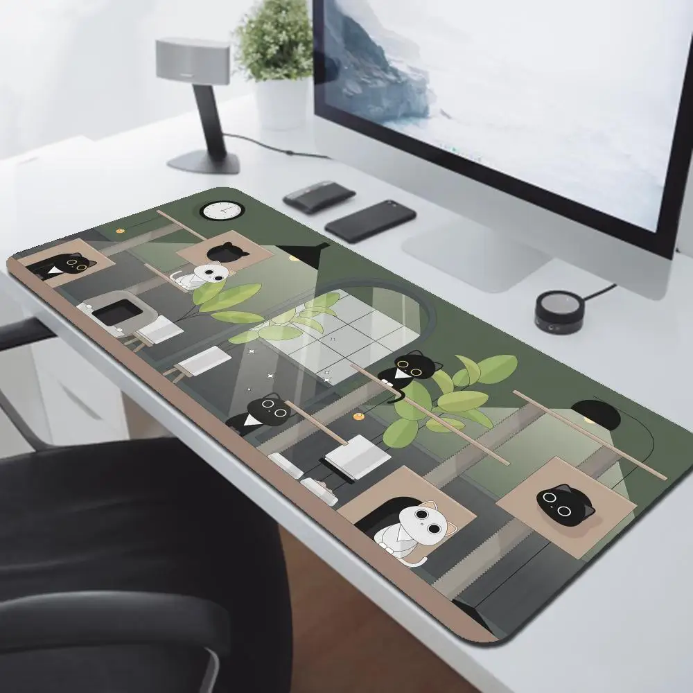 

Mouse Pad Kawaii Deskmat XXL Large Pc Gamer Mousepad Cute Black Cat Gaming Keyboard Carpet Deskpad Aesthetic Cozi Lofi Plant Rug