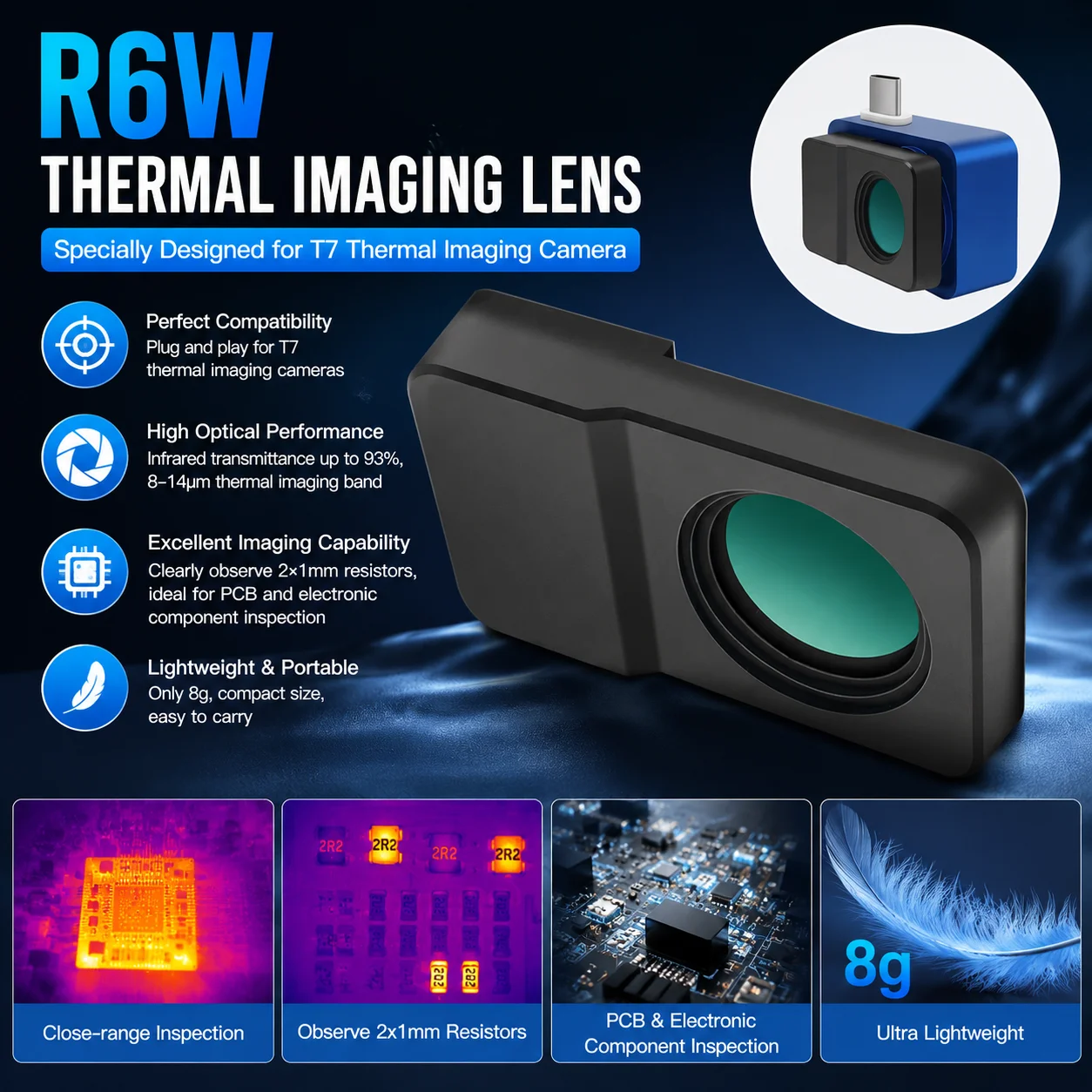 R6W Macro Lens For T7 Thermal Imaging Camera 8-14μm Infrared Lens 93% Transmittance PCB Electronic Component Inspection Black