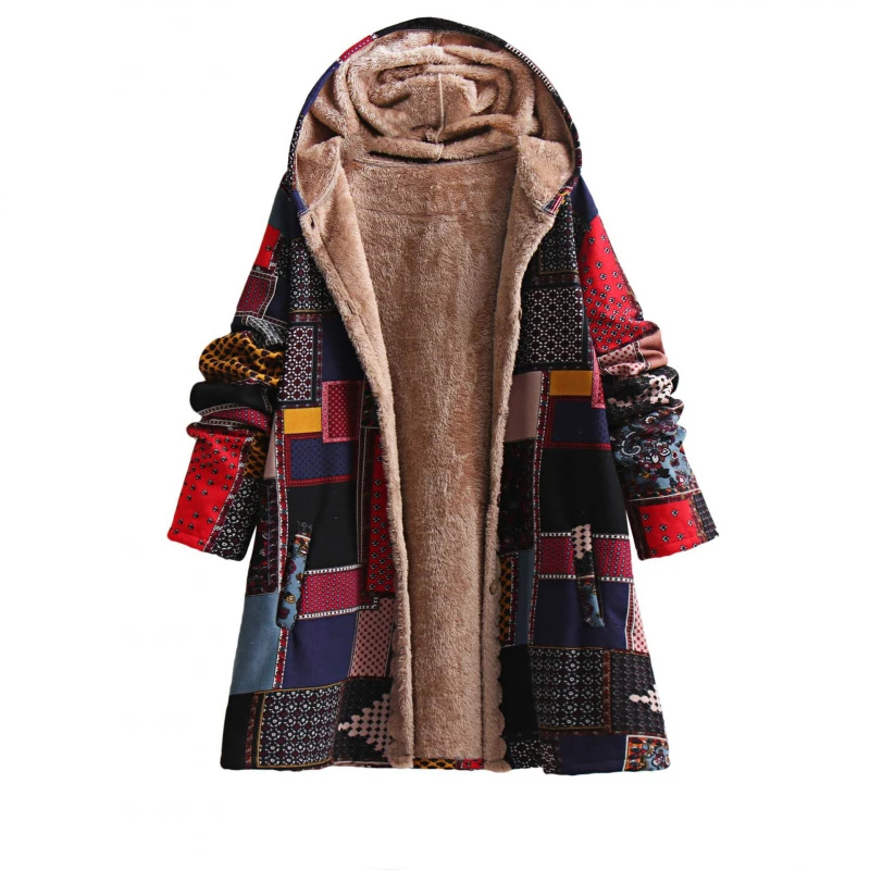 

2026New Autumn and Winter Ethnic Style Coat Fashionable Cotton Linen Hooded Cotton Jacket with Fleece Loose Coat for Women