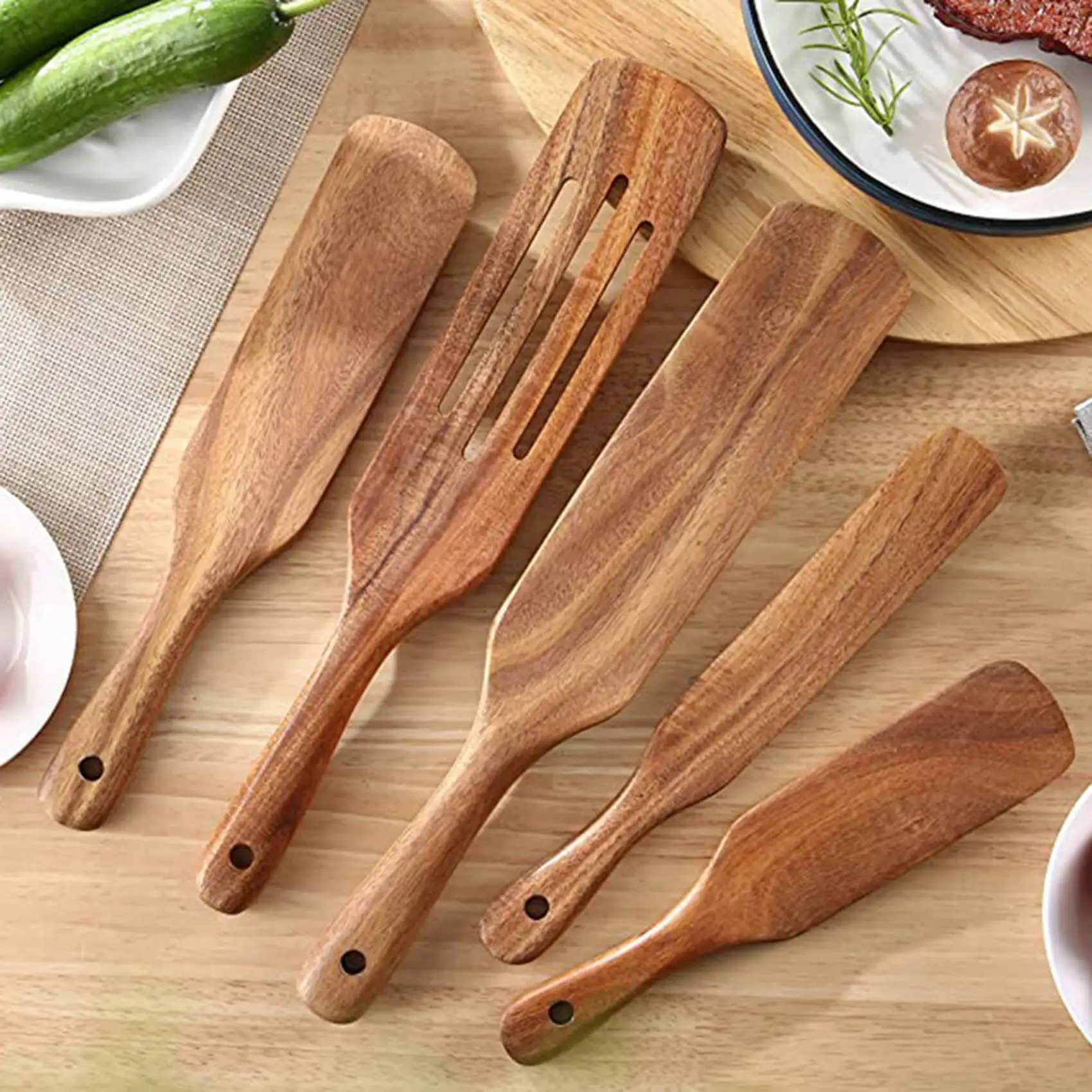 AA49 Wooden Spurtles Set (10Pcs) - Teak Wood Kitchen Tools Set - Heat Resistant Non Stick Wood Cookware For Stirring & Mixing