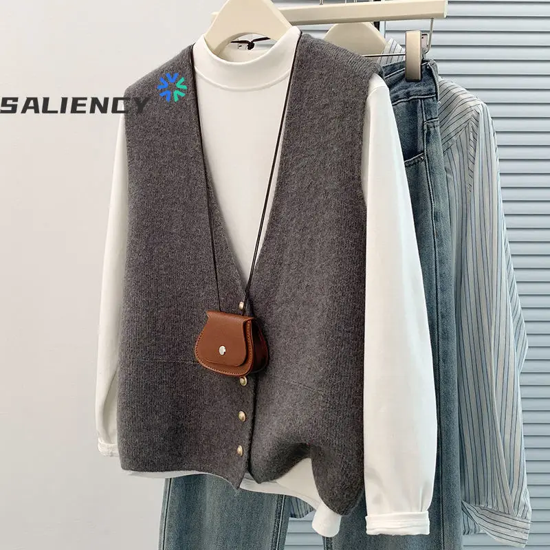 SALIENCY Autumn Winter Sweater Vest Female V-neck Solid Color Versatile Sleeveless Loose Knit Cardigan Sweater