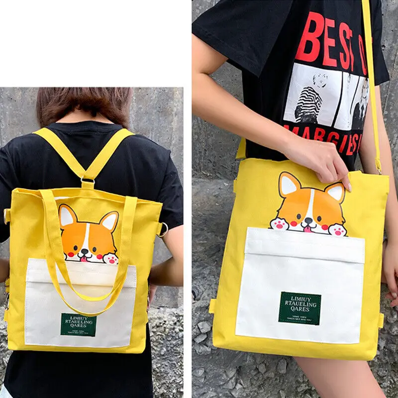 3 In 1 Canvas Bag Cartoon Printed Large Capacity Shoulder Bags For Women Girls Students School Backpack Shopping Tote Handbag