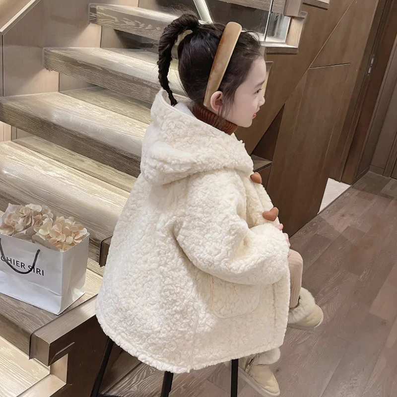 Cappotto per ragazze autunno inverno velluto di agnello giacca con cappuccio in lana per bambini bambino bambini addensato tinta unita lungo capispalla bambino da 2 a 8 anni