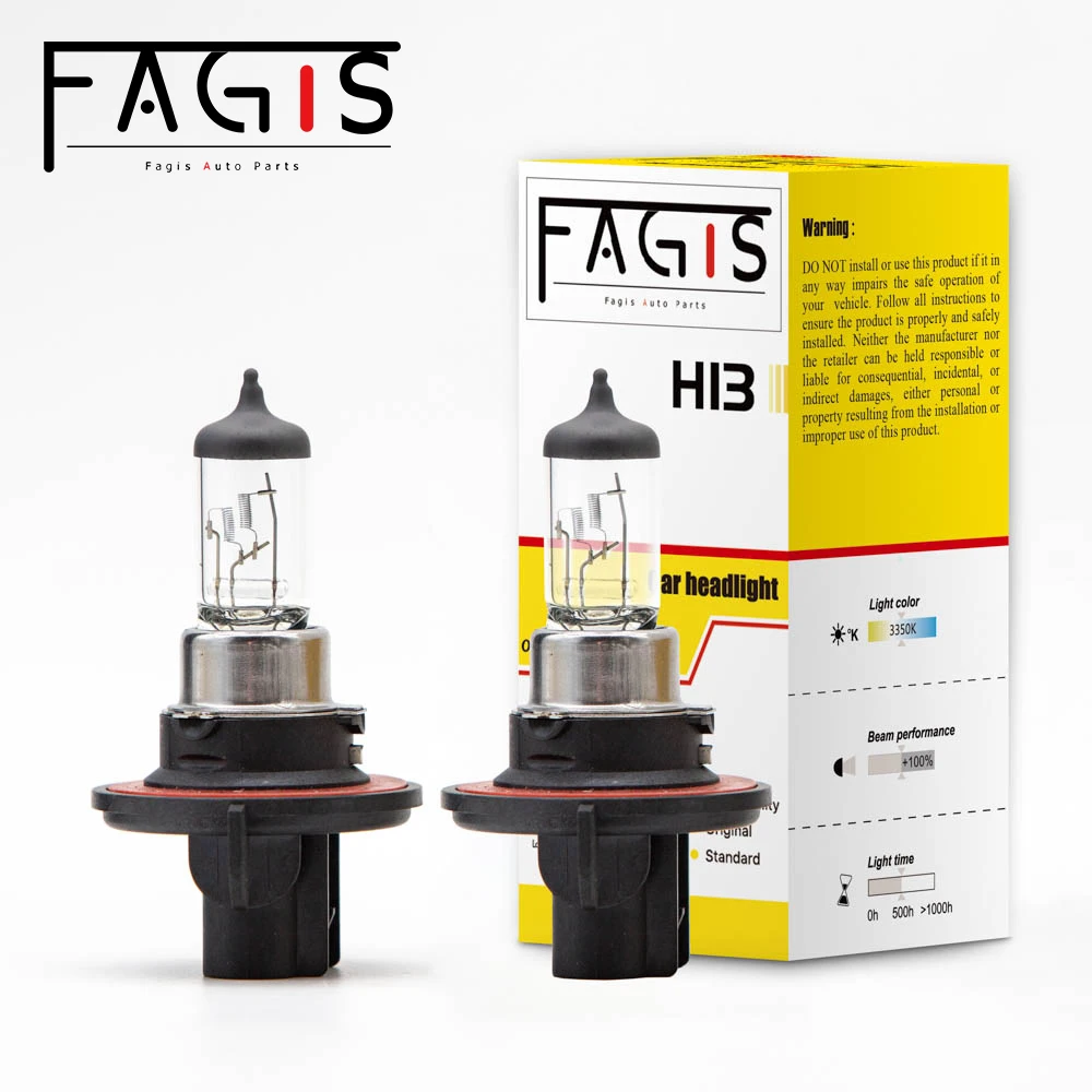 Fagis 2 Pcs H13 9008 12V 60/55W 3350K Warm White Auto Headlight Car Head Lamp LIghts Halogen Bulb