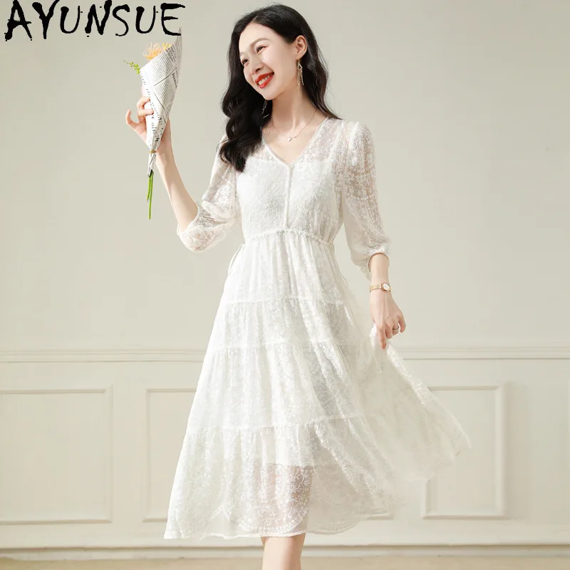

AYUNSUE Real Silk Dresses for Women Elegant Solid V-nekc Summer Dress 2026 Woman Wedding Guest Dresses Woman Clothes Ropa Mujer