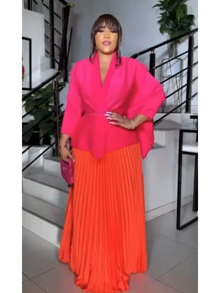 

Miyake Elegant Party 2 Piece Set Women Belt Batwing Sleeves Tops A-line Solid Color Long Dresses Fashion Autumn New Sets