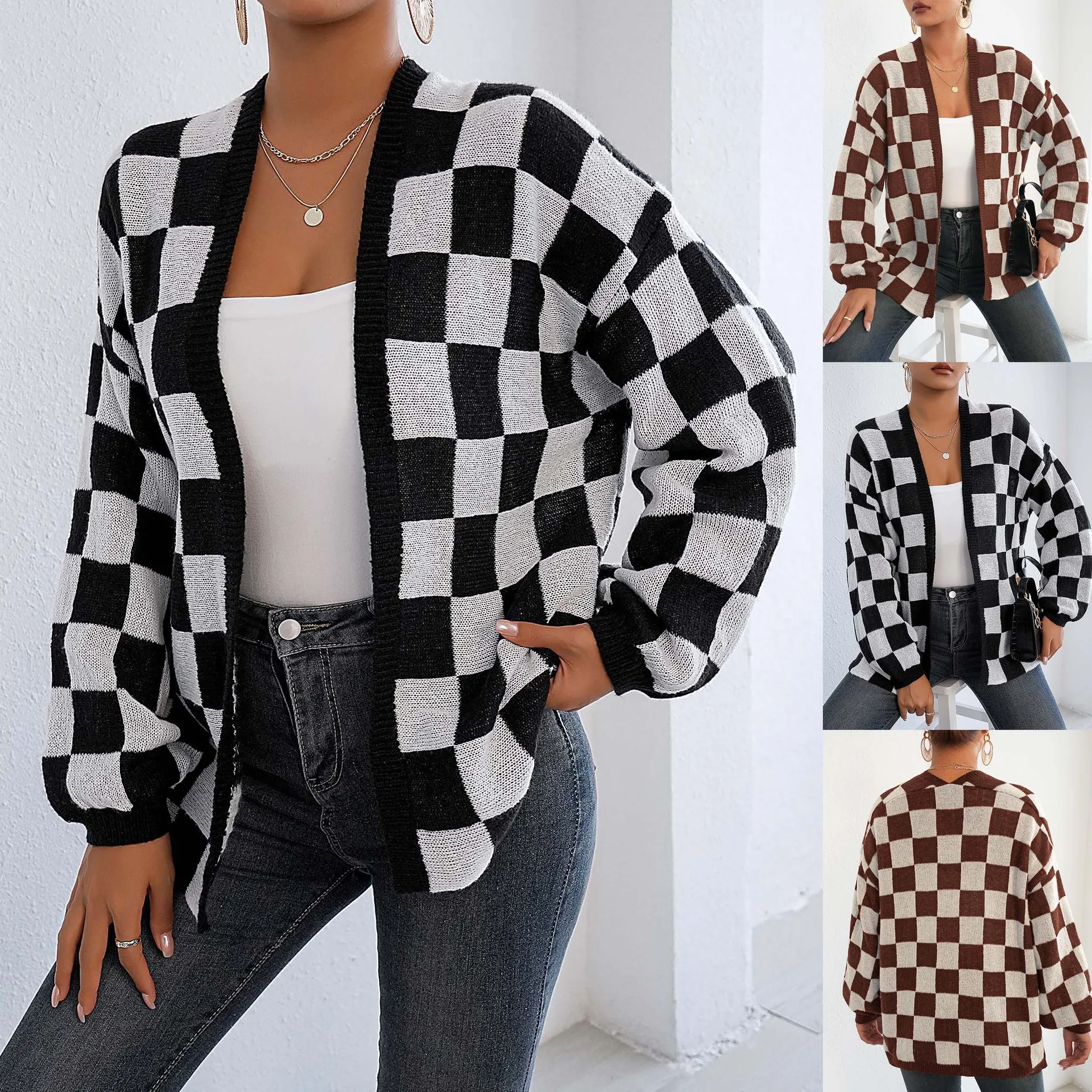 

Knitting Coat Women Sweater Cardigan V Neck Plaid Print Patchwork Outerwear Knitted Jacket Autumn Winter 2025 Vintage Knitwear