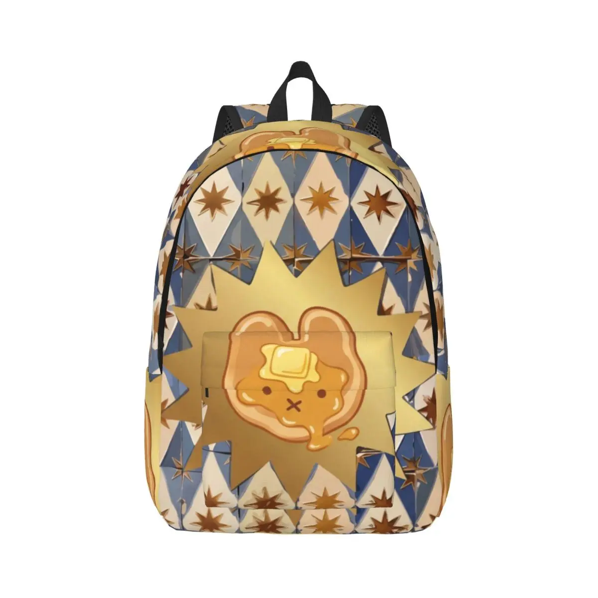 Cute Animal Print Backpack Center Rabbit Pancake Whimsical Tile Blue White Gold Lightweight Daypack for Animal Lovers College
