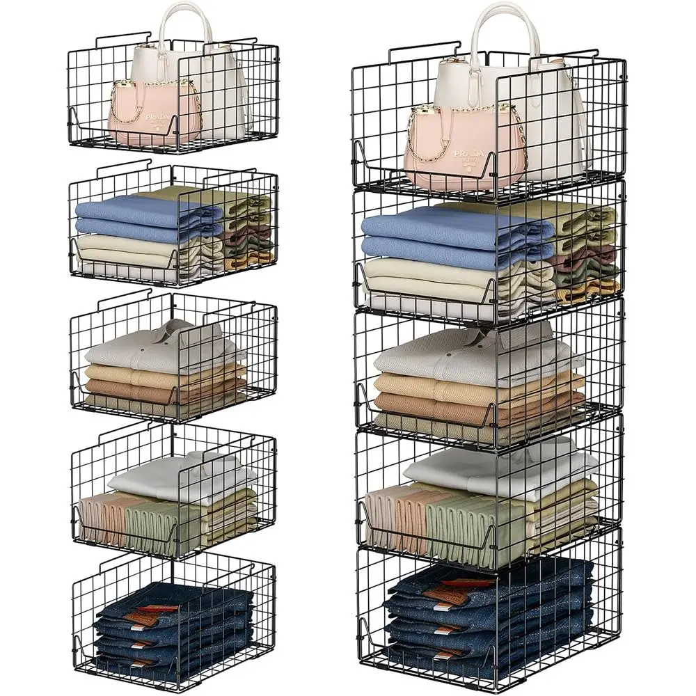 

5-Tier Stackable Closet Organizer - Metal Storage Bins for Clothes, Sweaters & Towels | Wire Baskets for Bedroom, Wardrobe, Dorm