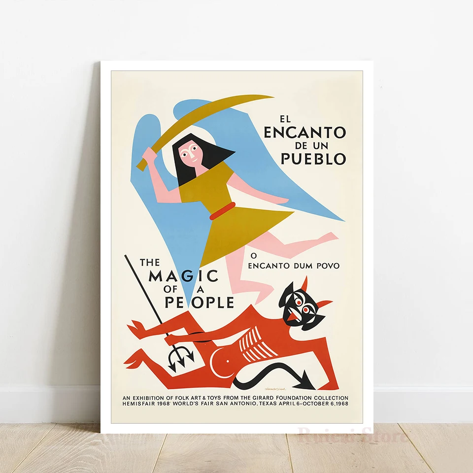 Retro 1968 The Magic of a People Exhibition Canvas Wall Art Poster, Vintage Folk Art Print, Angel vs Devil Room Decor