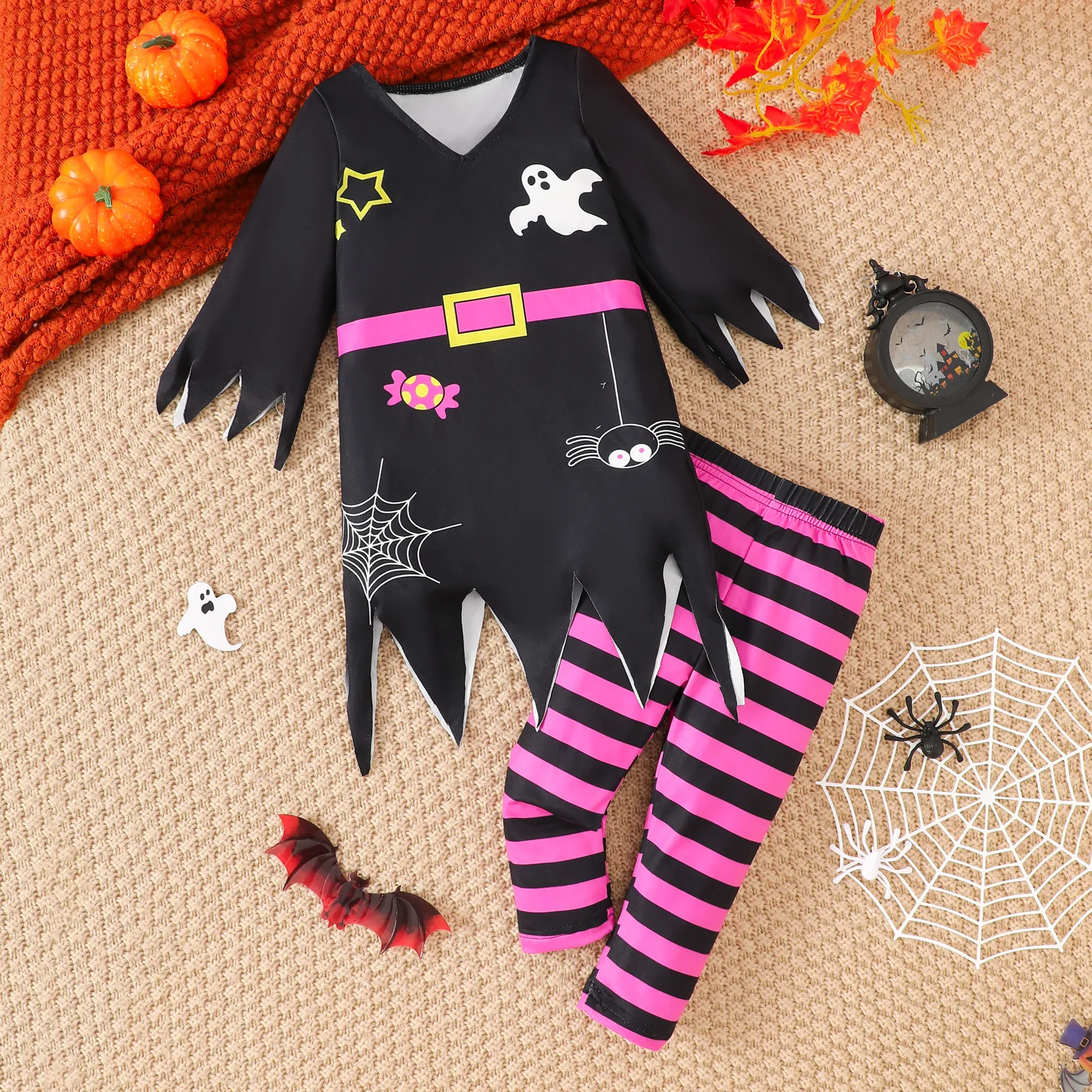 1-3 Years Baby Girls Halloween Outfits Sets Ghost Print Holiday Dress Up Little Witch Set Cute Spooky Festivel Warm Wear