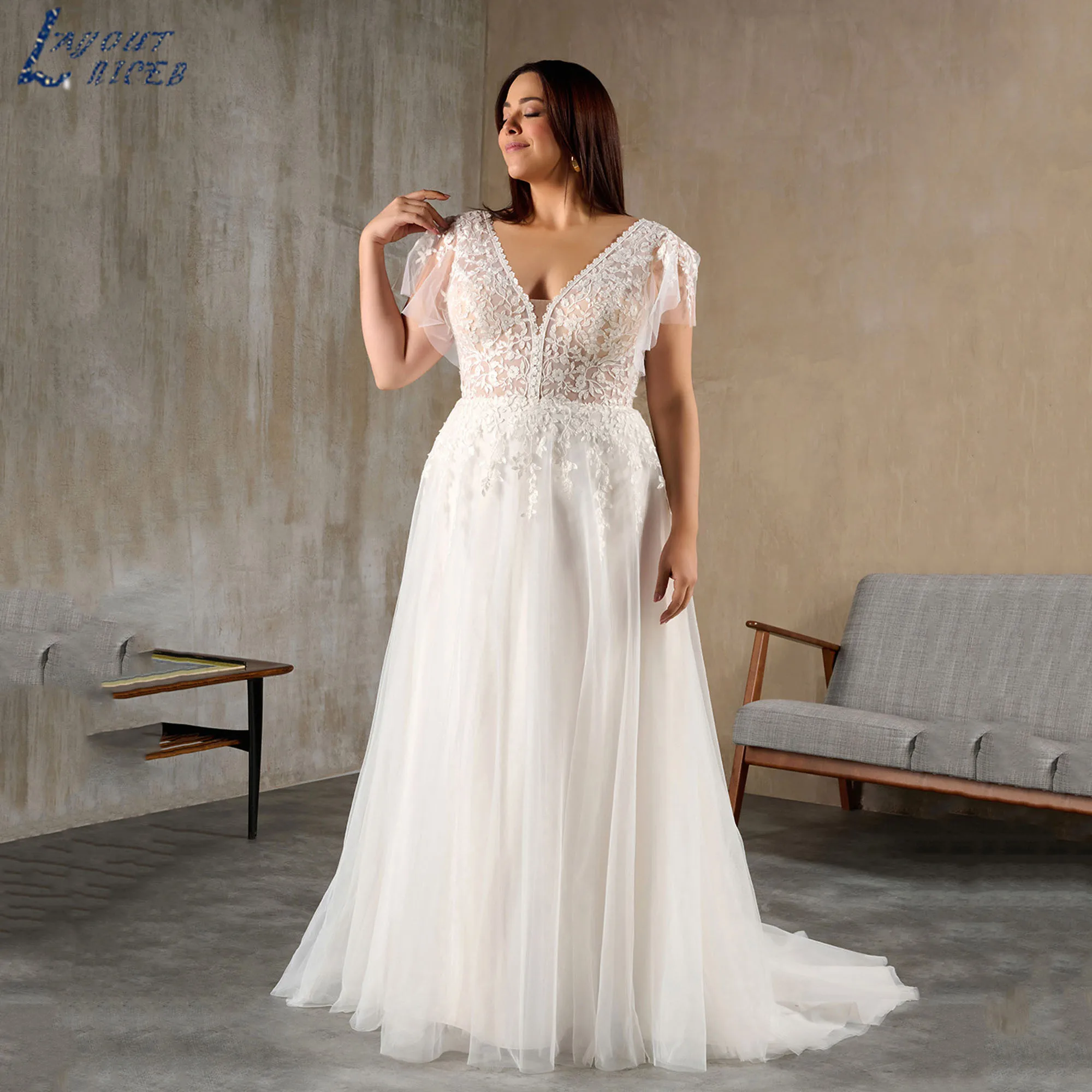 Plus Size Trouwjurken V-hals A-lijn Vleermuismouwen Tule Bruidsjurken Vintage Kant Applicaties vestidos de novia Aangepaste