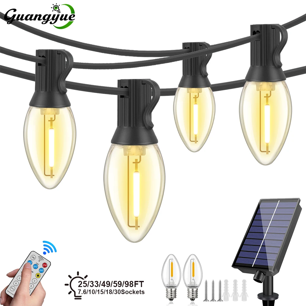 Outdoor Solar String Light Waterproof Solar Patio Lights Dimmable C7 Edison Bulbs Shatterproof Solar Powered String Lights