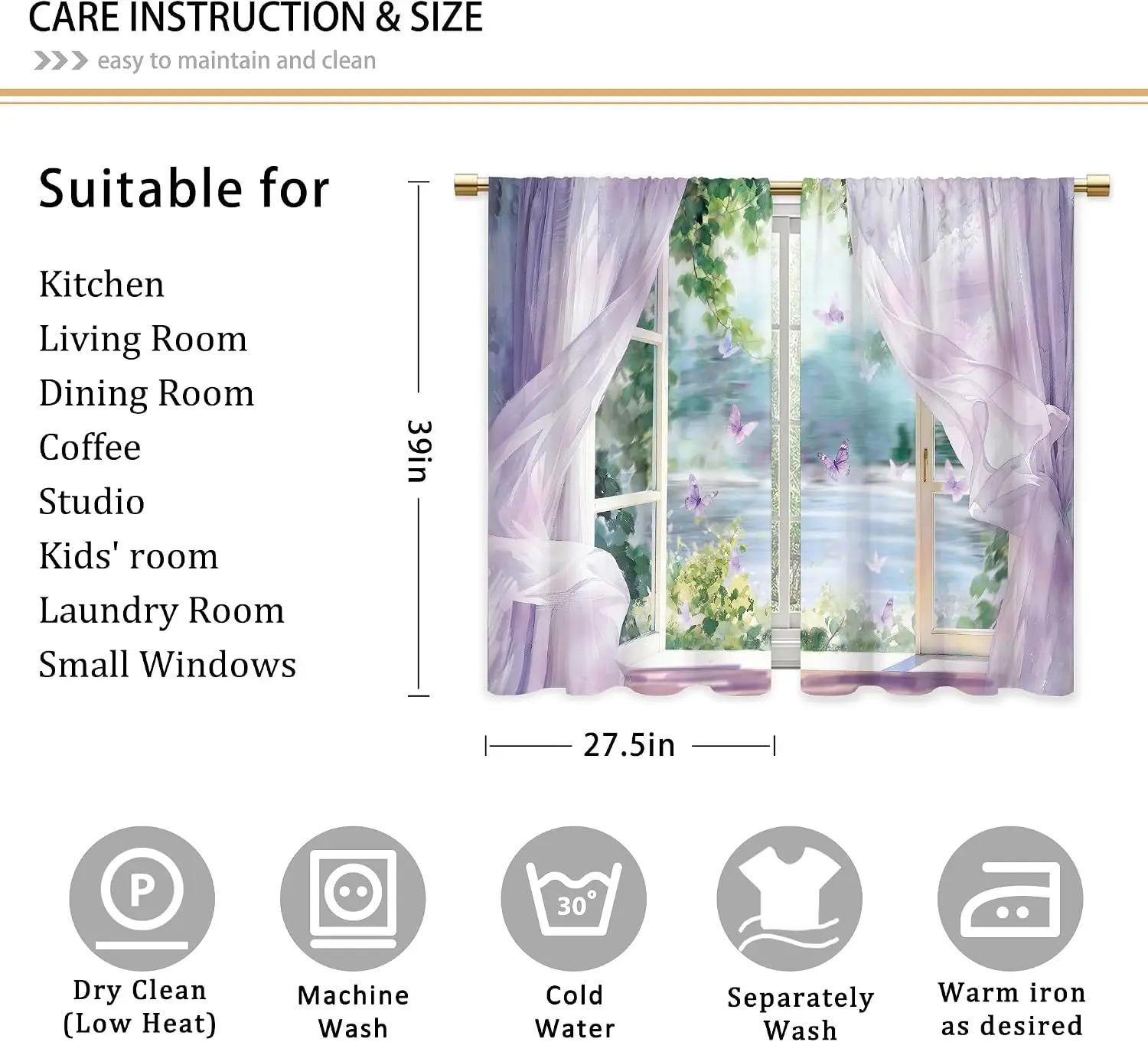 Light Purple Sheer Fake Window Rod Pocket Short Curtains Watercolor Butterfly Lake Green Foliage Print Soft Polyester Kitchen