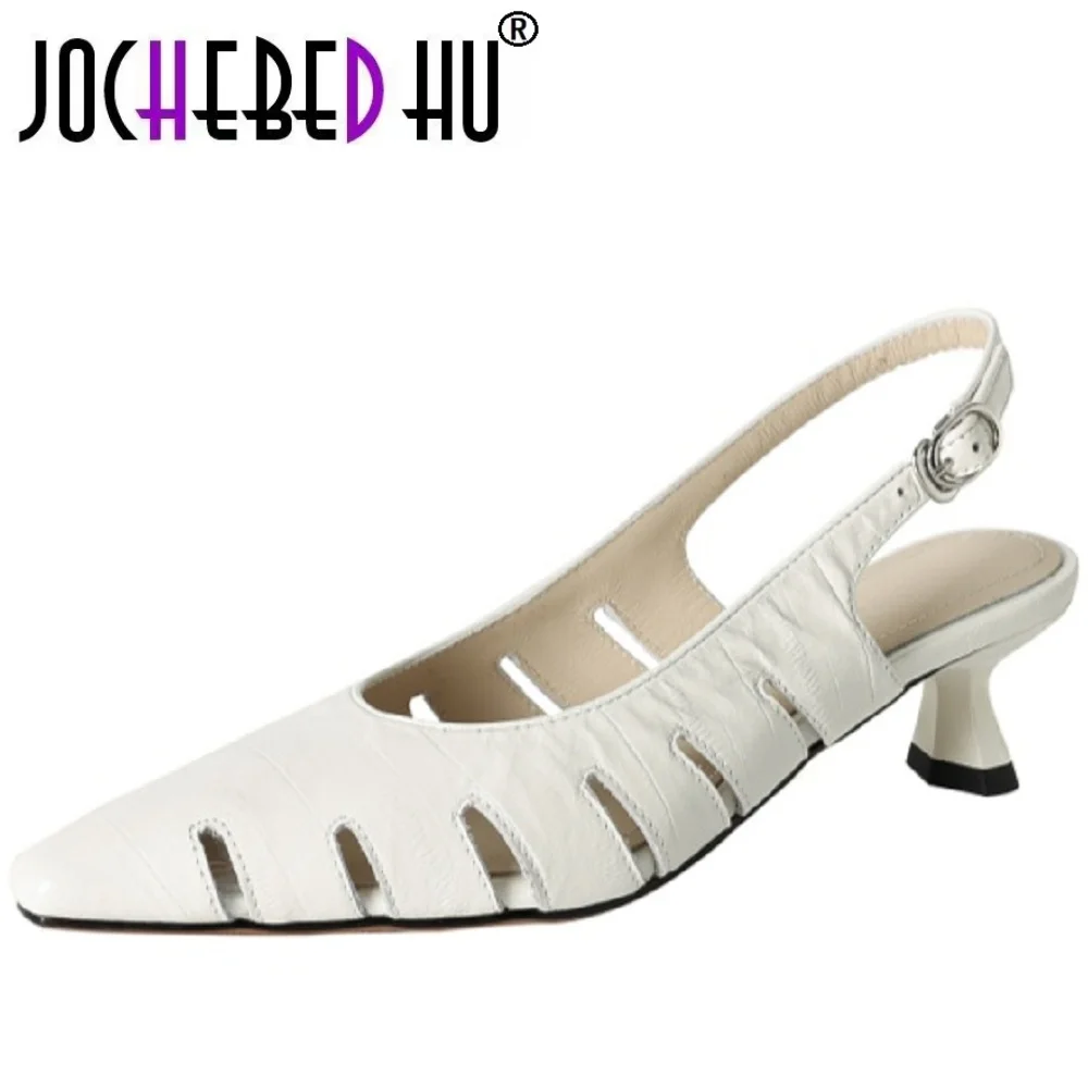 JOCHEBED HUHandmade Genuine Leather Hollow Out Slingback Women Elegant Square Toe Mid Heel Sandals Office Party 34-40