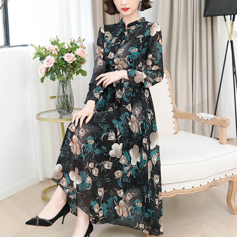 Elegant Printed Ruffles Shirring Lace Up Bow Midi Dress Women's Clothing 2023 Autumn New Office Lady Floral Dress