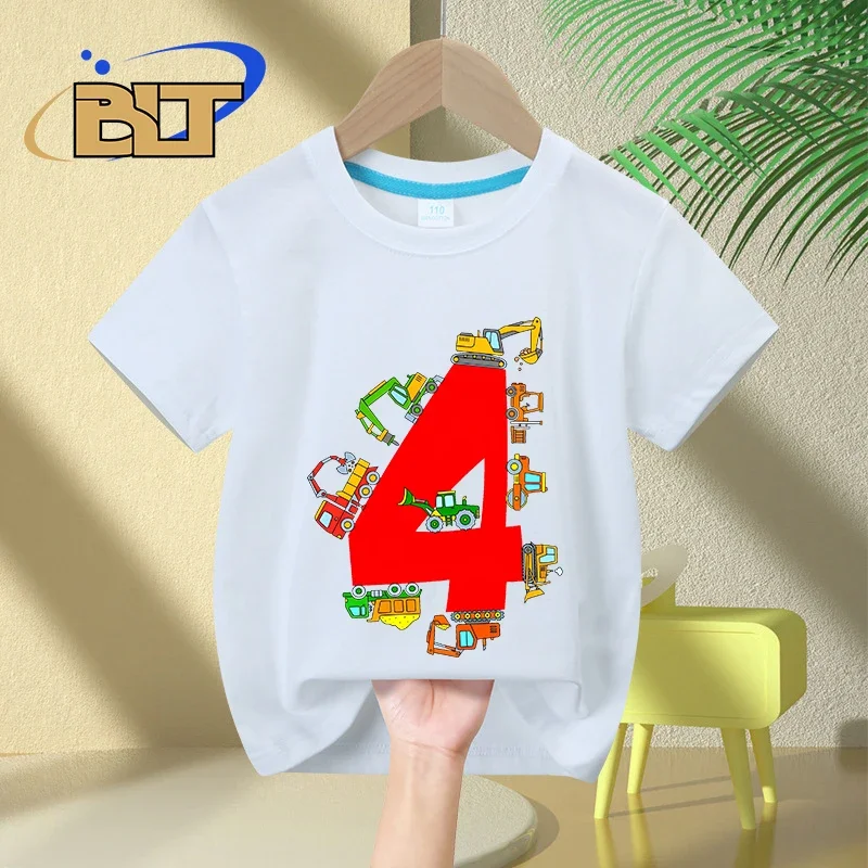 4th Birthday T-shirt Excavator Construction Truck print kids summer cotton short sleeve surprise gift