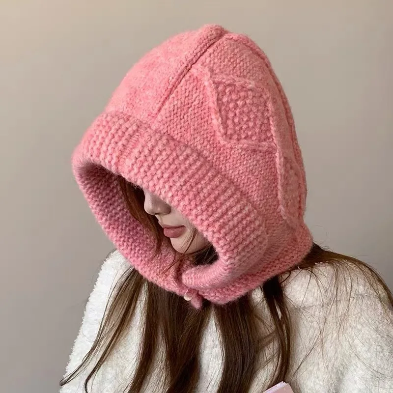 揚げパンツイストバラクラバ帽子女性多用途サーマルスリーブヘッドキャップスイートニットプロテクトキャップ耳厚みのあるウールキャップ4m784