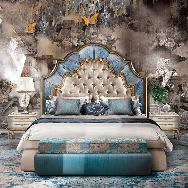 European solid wood carving flower shell parquet double bed, French master bedroom wedding bed princess villa bed