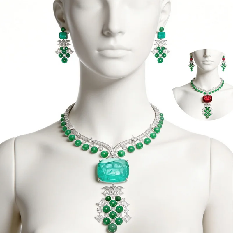 Designer Fine Earrings Necklace Women Lady Inlay Czech Zircon Synthetic Paraiba Tourmaline Green Beads Party Choker Jewelry Sets