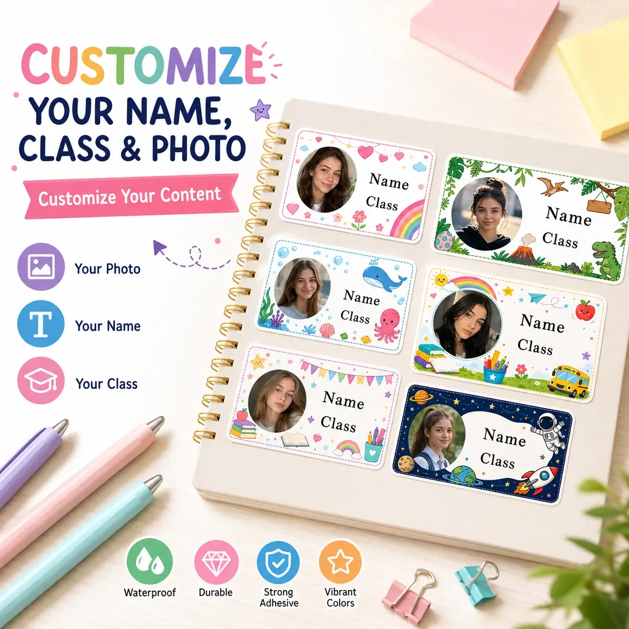 Custom Photo Book - Autocollants personnalisés avec nom et classe,