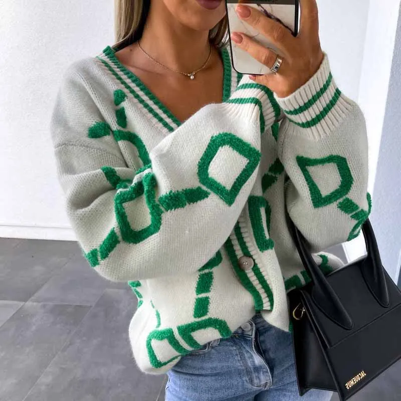 Women Autumn Winter New Loose Knitted Cardigan Casual  V-neck Drop-shoulder Sleeve Sweater Coat Female Chic Crochet Outerwear