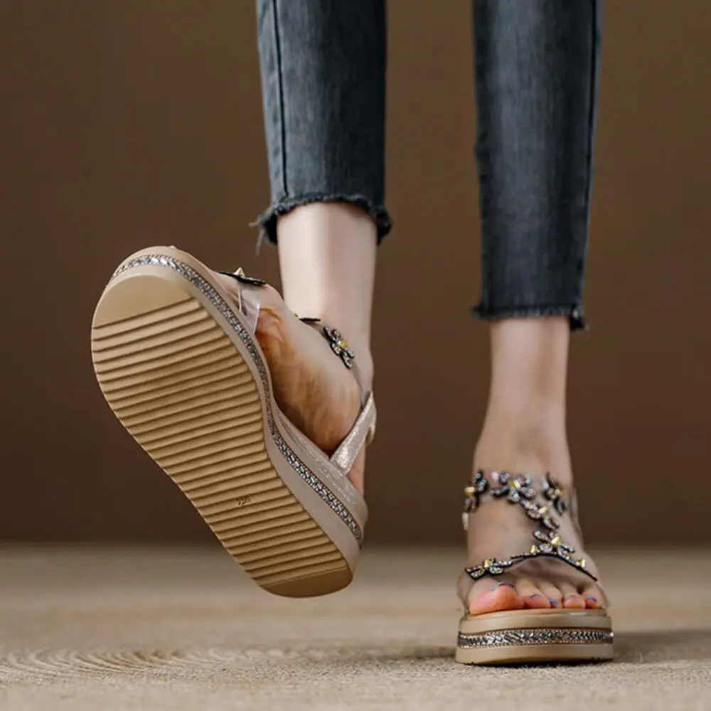 Women's Bohemian Rhinestone Wedge Sandals, Elastic Ankle Strap Transparent Platform Shoes, Casual Summer Wear view 2