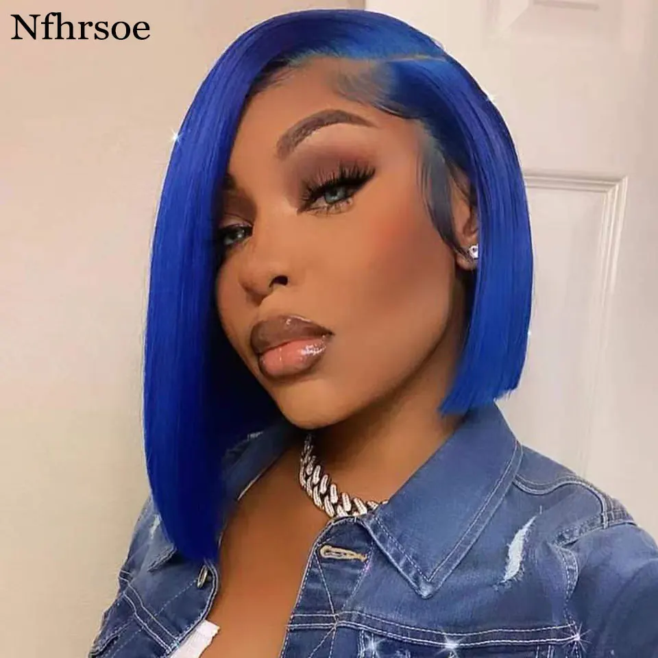 Blue Lace Front Human Hair Wigs Transparent HD Lace Frontal Wig 13x4 Lace Human Hair Wig Brazilian Short Bob Human Hair Wigs