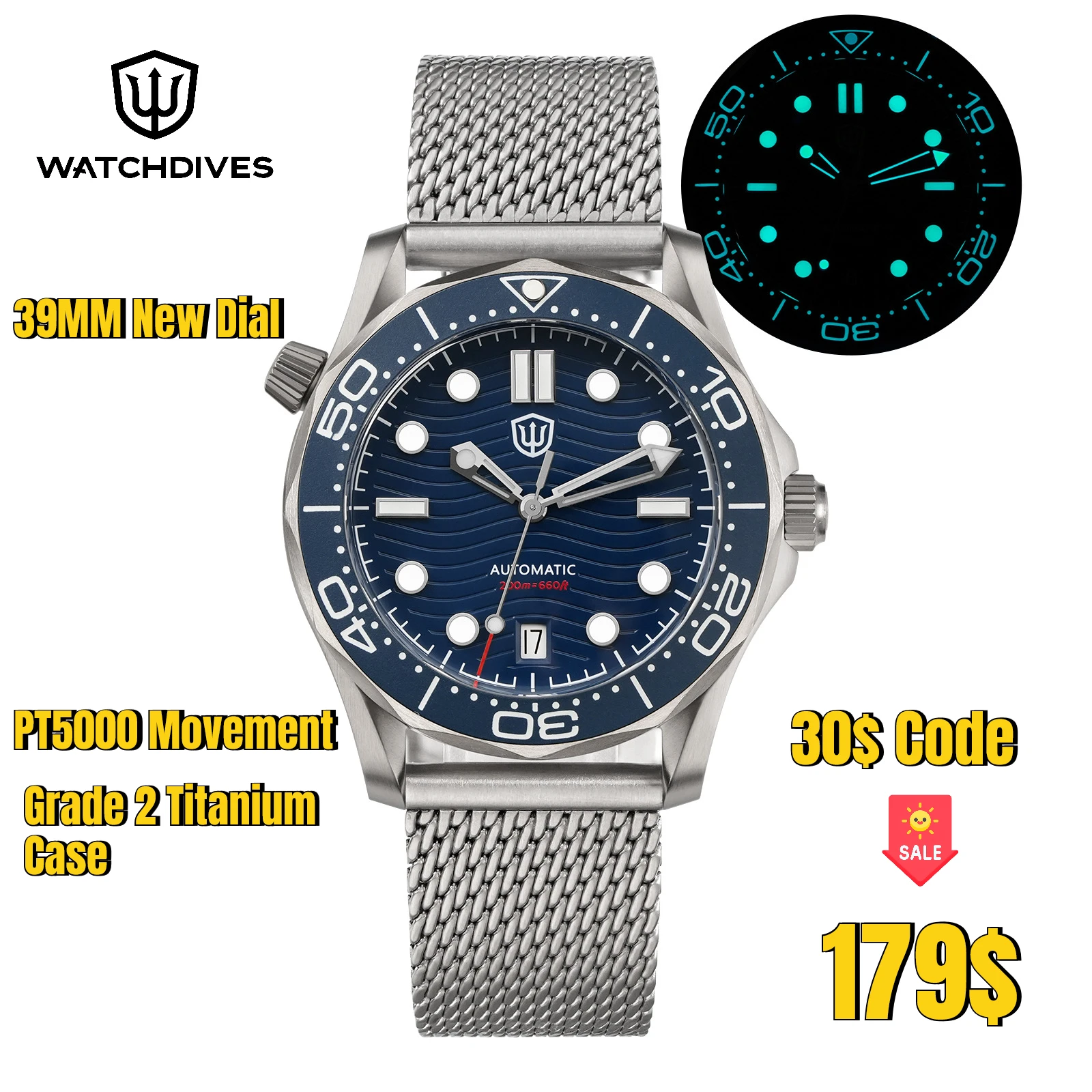 Watchdives 39mm WD007 V4 Watch PT5000 Automatic Movement Titanium NTTD Wristwatch Domed Sapphire Crystal C3 Super Luminous Watch