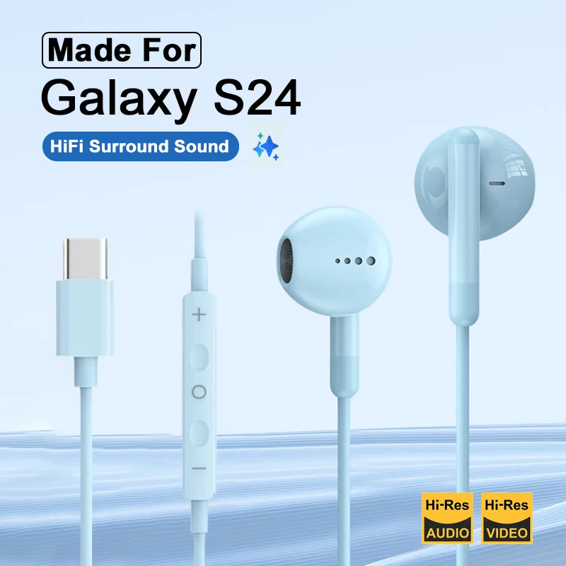 USB Type Headphones HiFi High Fidelity surround sound 3.5mm Music Wired Earbuds For Galaxy S24 S23 S22 Ultra iPhone 15 Xiaomi 14