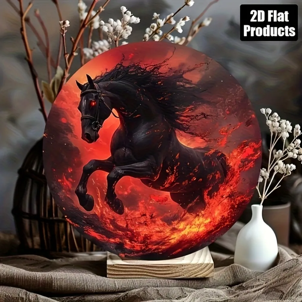 Fiery Black Stallion Horse 2D Flat High Definition Metal Wall Art Dynamic Running Equestrian Embossed Iron Painting Vibrant Red