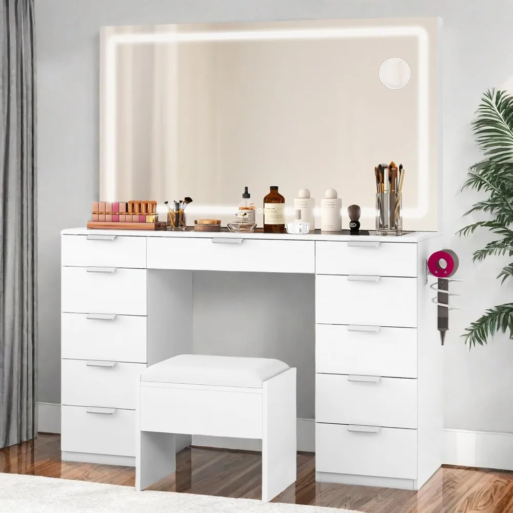 Dressing Table with Large LED, Dressing Table with Tempered Glass Countertop, Storage Stool, 3-color Adjustable Lighting