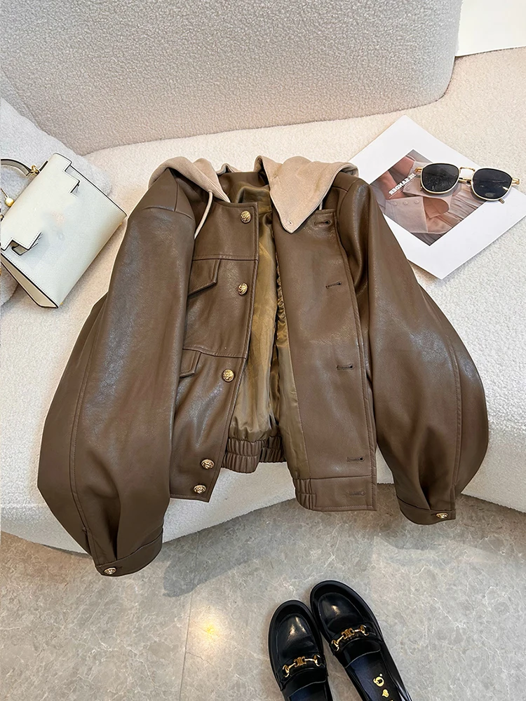 Black Hooded Leather Coat For Women Spring Autumn New Large Loose Jacket Y2K Style Single Breasted PU Brown Motorcycle Top