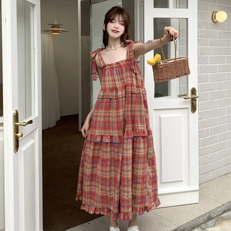 Vintage Plaid Dresses Women Ruffles Sweet French Style Bandage Loose Casual Girlish Summer New Ins Aesthetic Temperament Ulzzang